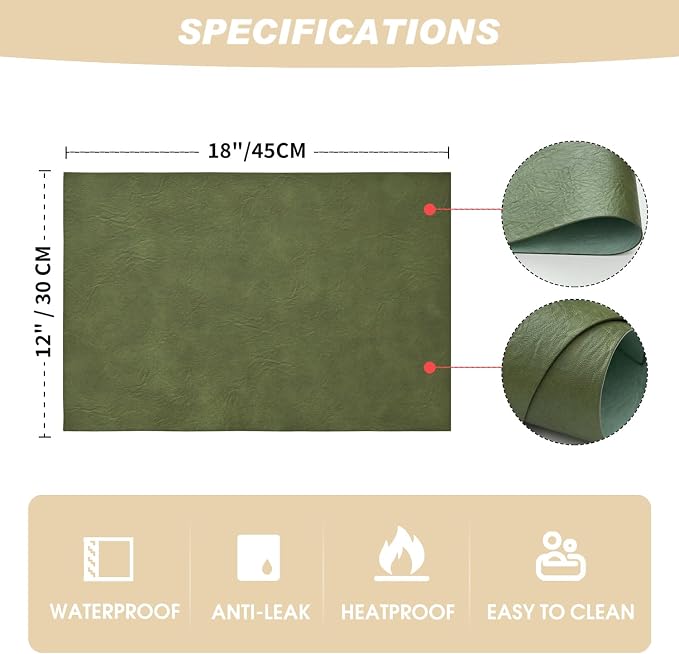 Artoid Mode Olive Green Faux Leather Placemats Set of 8, 12x18 Inch Waterproof Wipeable Heat Resistant Vinyl Place Mats, Reversible Table Mats for Kitchen Dining Decor