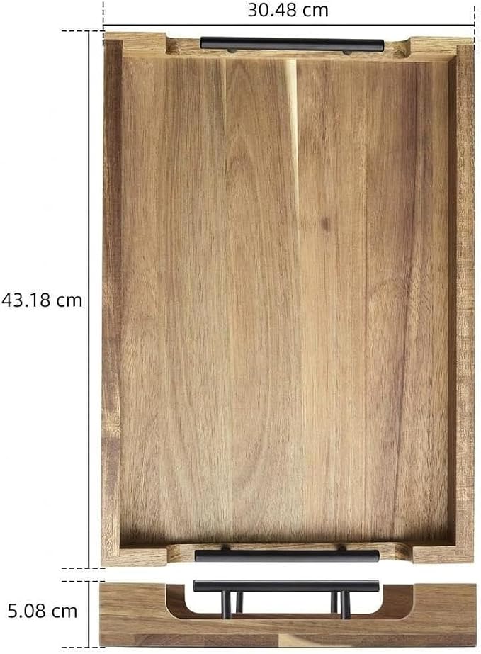 Natural Acacia Wood Ottoman Serving Tray with Metal Handles, 17"×12" Rustic Decorative Wooden Tray for Coffee Table, Breakfast in Bed, Dinner Food, Bar Liquor & Home Storage