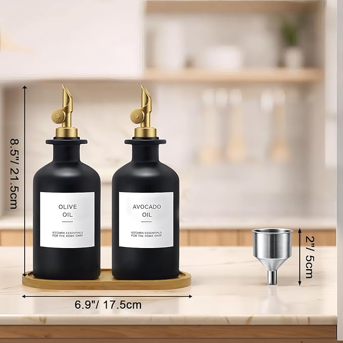 Olive Oil Dispenser Set, 2 x 11.8oz Black Glass Bottles with Auto-Flip Spouts & 2 Capped Spare Spouts, Bamboo Tray, Oil & Vinegar Cruet (Black)