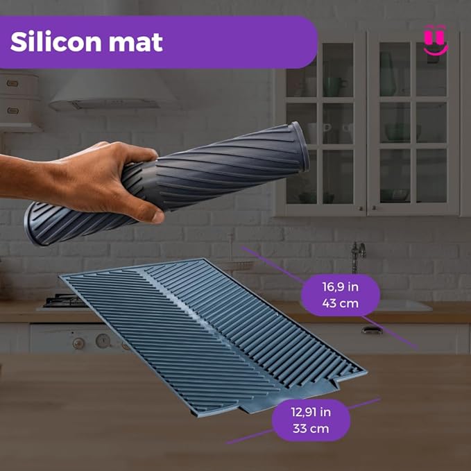 3-in-1 Over Sink Dish Drying Rack – Roll-Up Sink Rack, Silicone Mat & Folding Dish Rack – Multi-Functional, Space-Saving Kitchen Organizer (Grey)