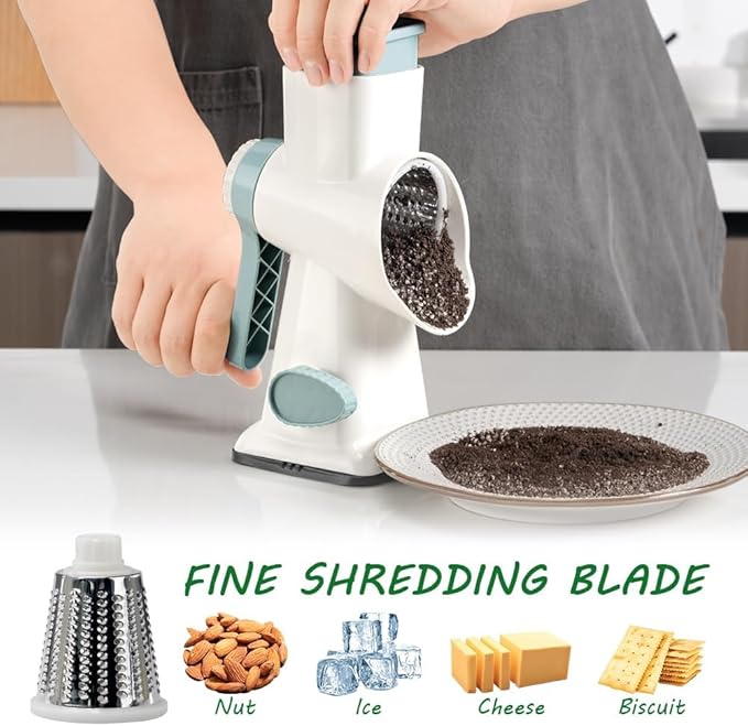 3 in 1 Manual Vegetable Cutter Machine with Stainless Steel Changeable Blades Rotary Cheese Grater Kitchen Tool Potato Slicer Shredder Nuts Chocolate Chopper (White blue)