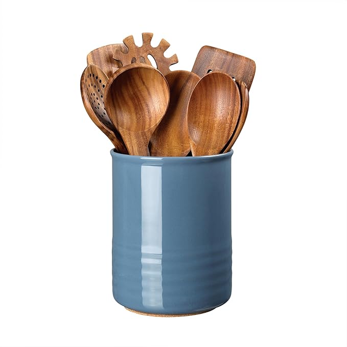 ABRUTY Utensil Holder, 6.7" Ceramic Kitchen Utensil Crock for Countertop Cooking, Modern Utensil Caddy Jar Organizer for Farmhouse Kitchen Counter Décor, Blue