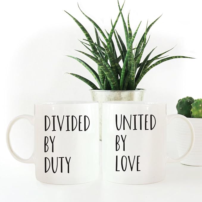 Andaz Press 11oz. Ceramic Ceramic Valentines Day Coffee Mugs Wedding Anniversary Couples Gift Set, Divided By Duty, United By Love, 2-Pack, Military Deployment Husband Wife Birthday Gift Ideas