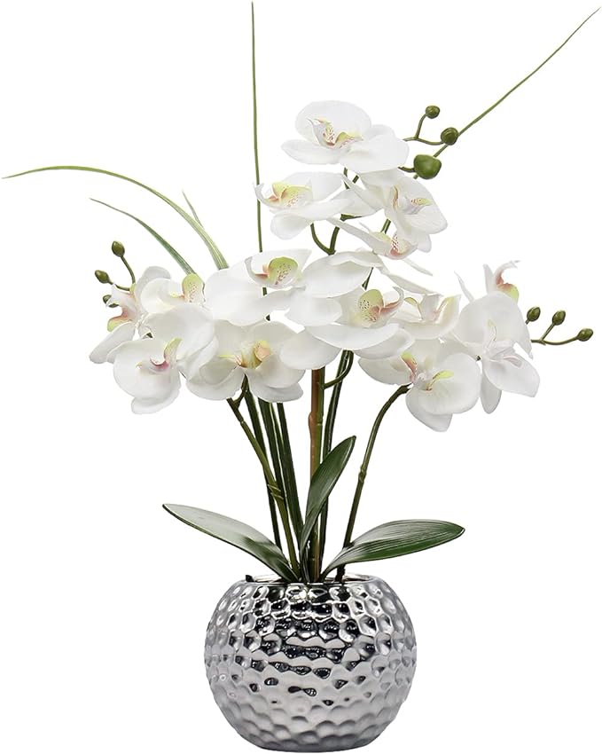 Oairse Artificial White Phalaenopsis Orchid Flower Arrangements 20.8" Faux Orchid Flower in Silver Pot Orchid Centerpiece for Dining Room Table