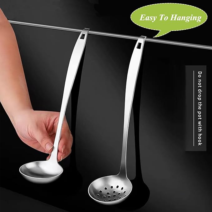 Cooking Ladles,Serving Scoop And Ladle Strainer Set Of 2 with Hook and Hole for Easy Hanging,Stainless Steel Soup Ladles Set for Kitchen