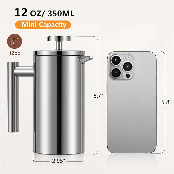Small French Press 350ml Coffee Maker, Double-Wall Insulated French Press Coffee Press Stainless Steel, Included 2 Extra Fliters and 1 Coffee Spoon (1 cup, 12 OZ)