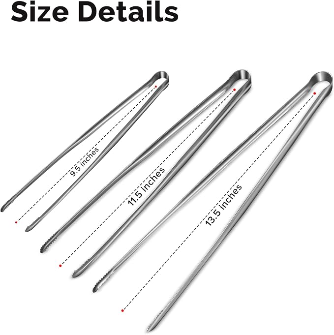 Precision Serrated Non-Slip Tips Cooking Tongs 3 Set (9.5" & 11.5" & 13.5"), 18/8 Stainless Steel Metal Tong, Light but Durable, Easily Control Kitchen Tweezer Tongs for Frying, Plating, BBQ