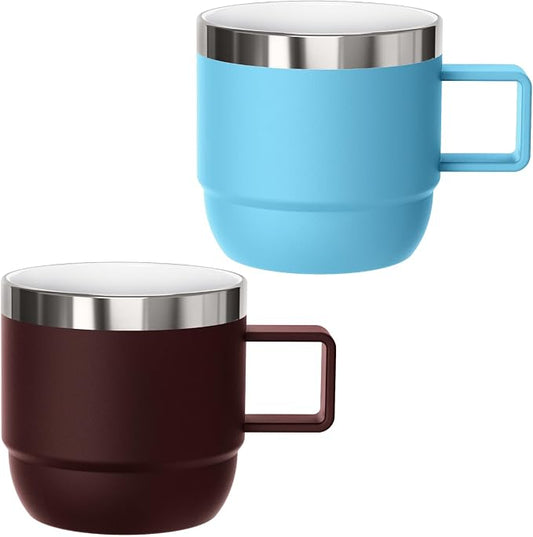 6 oz Small Espresso Mug with Handle, Ceramic-Lined 18/8 Stainless Steel, Double-Wall Vacuum Insulated, Stackable, Dishwasher Safe, for Cortado & Flat White, 2 Pack, Wine Red & Blue