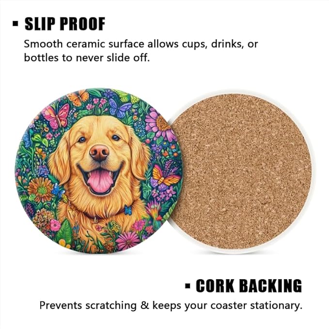 1 Pcs Coffee Cup Coasters for Drinks, Golden Retriever in Floral Paradise Round Absorbent Non-Slip Ceramic Stone Cork Coasters for Kitchen Living Room Office Decoration Bar (4 * 4 Inch)