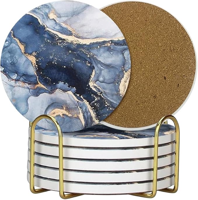 Ceramic Coasters Set of 6, Marble-Textured Design with Holder - Absorbent Cork-Backed Coasters for Cups, Bar & Coffee Table Decor Accessories (Dark Blue Marble, 6 Pack-Thin)