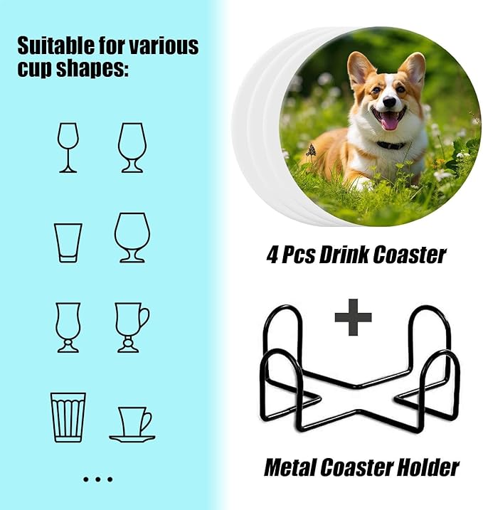 Welsh Corgi on Green Grass Colorful Set of 4 Ceramic Coasters with Holder,Absorbent Drink Bar Coasters,Table Coasters