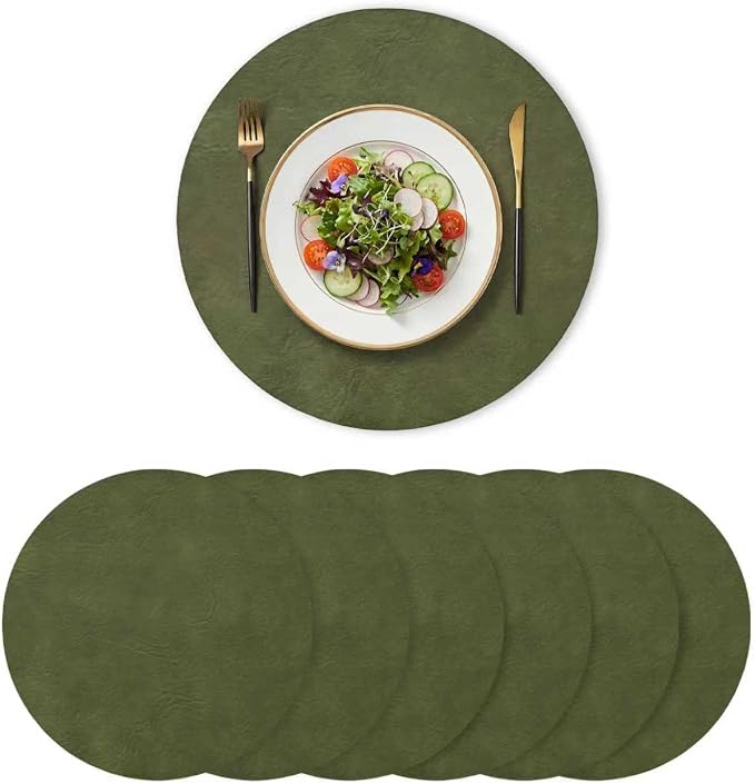 Artoid Mode Olive Green Faux Leather Placemats Set of 6, 15 Inch Waterproof Wipeable Heat Resistant Vinyl Place Mats, Reversible Table Mats for Kitchen Dining Decor