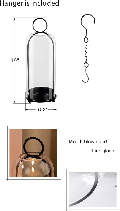 16" High Versatile Modern Metal Hurricane Lantern with Handmade Sturdy Glass Dome in Black for Pillar Candle & Plants, Industrial, Farmhouse, Shabby Chic (Black, 6.3:x16.5)