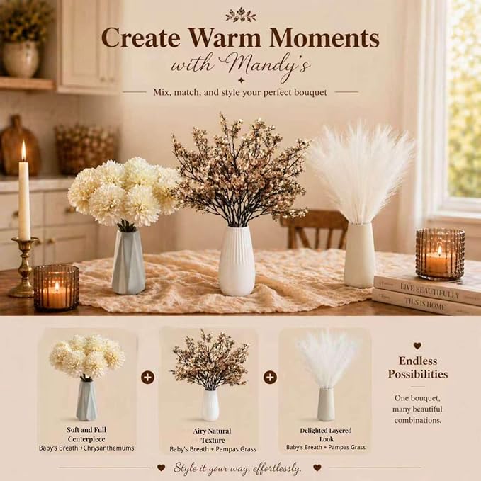 Mandy's Light Brown Artificial Baby’s Breath Flowers 6 Bundles Silk Gypsophila, 18.5 Inch European Style Modern Home Decor Centerpiece, Neutral Wedding Flower Arrangements