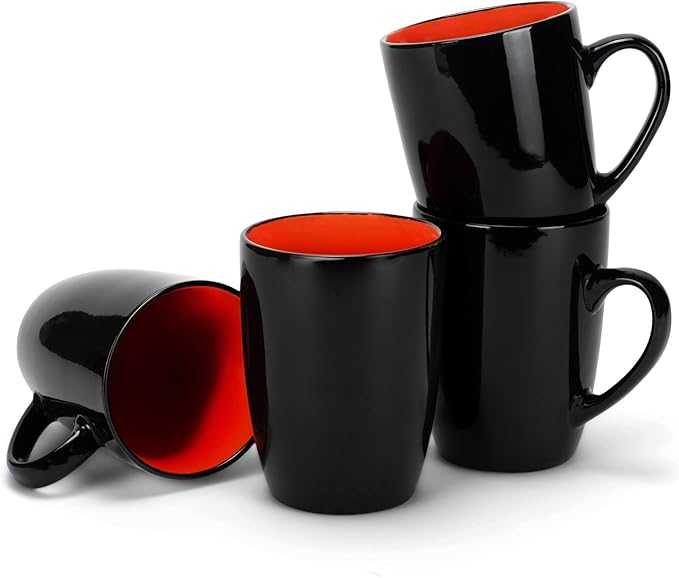 Elanze Designs Color Pop Orange Black Exterior 16 ounce Glossy Ceramic Mugs Matching Set of 4