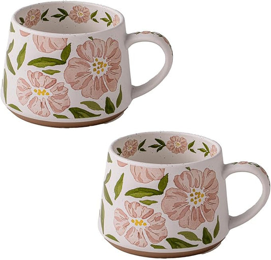 Elegant Floral Ceramic Mug ，Blue Flower Design mug with Handle, Unique Watercolor Flower Design Tea Mug for Home & Office，Microwave safety (Pink 2 Set)