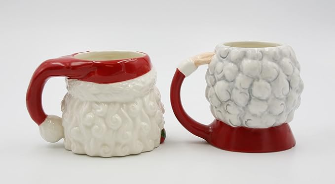 Fine Ceramic Christmas Holidays Mr. & Mrs. Santa Claus Mugs Set of 2 (2 Pieces Set), 5-3/4' L, White, Grey, Red