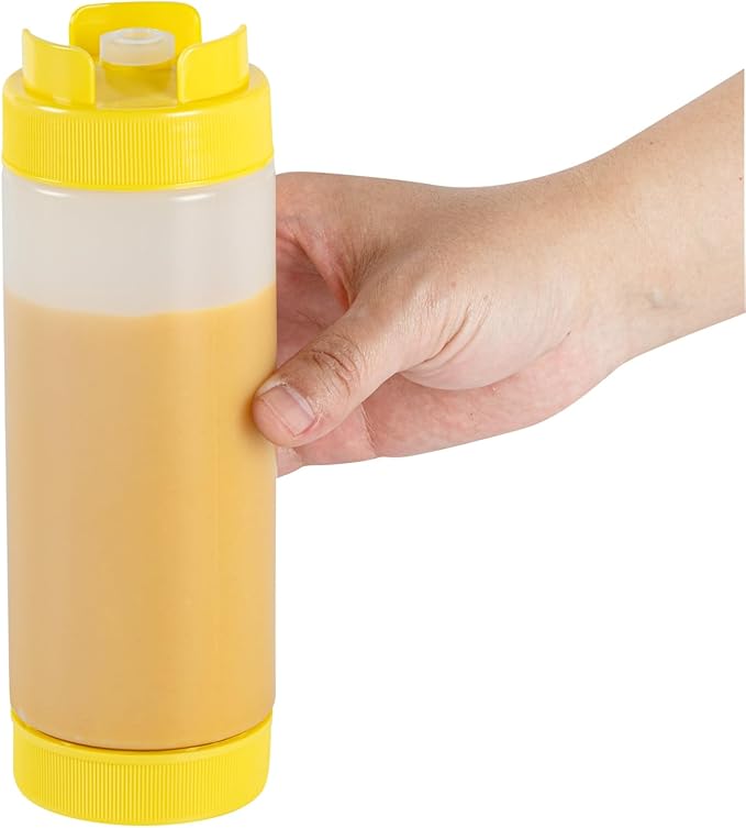Restaurantware Plastic Squeeze Bottle 20 oz Refillable Condiment Bottle Large Valve Dishwashable Yellow Inverted Sauce Dispenser For Thick Condiments, Dressings, Batter, Sour Cream, And Syrups