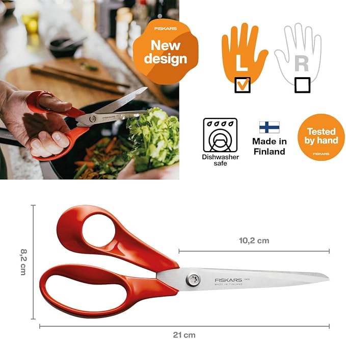 Fiskars Classic 1075035 Universal Left Handed Kitchen Scissors, Total Length: 21 cm, Improved Torx Screw and Ergonomic Handle, Quality Steel/Plastic, Red