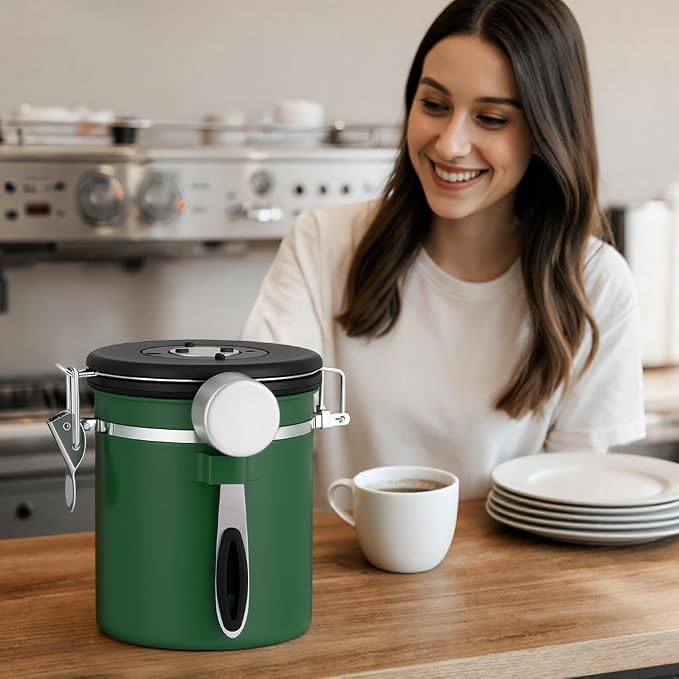 ShanSon Coffee Canister Airtight, Stainless Steel Bean Storage Container with Date Tracker & Scoop, Grounds Sugar Flour Tea Cereal Fits Kitchen Pantry, Ideal Gift for Coffee Lovers,16oz, Dark Green