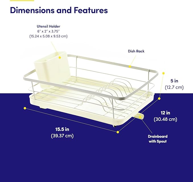 Dish Drying Rack 3 Piece Dish Drainer with Drainboard Set for Kitchen Counter – Dish Rack with Removable Utensil Holder & Swivel Spout for Countertop – DishRack for Plates, Cups & More, Ivory