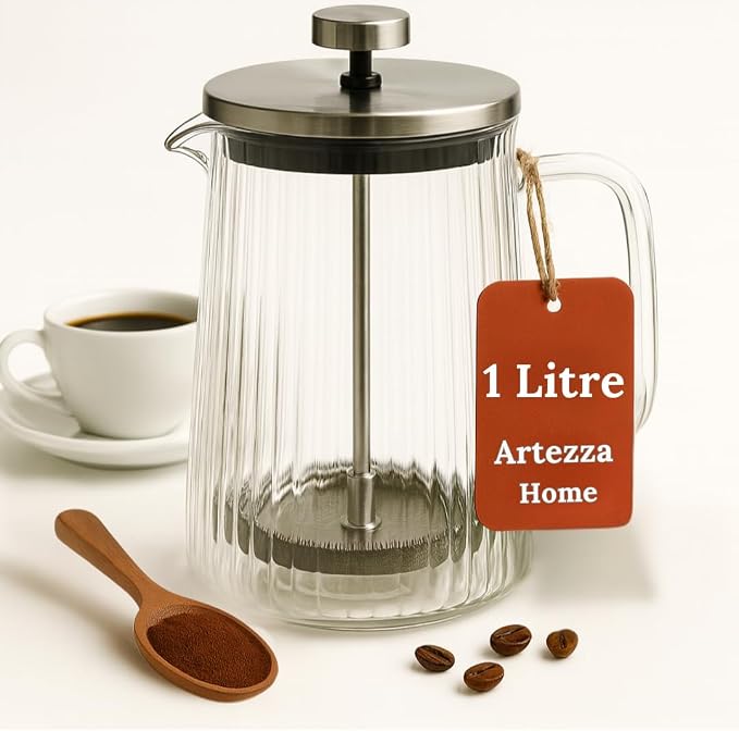 French Press Coffee Maker – Double-Wall Borosilicate Glass | Ribbed Manual Brewer with Stainless Steel Mesh Filter for Hot & Cold Coffee or Tea (34oz /1000ml)