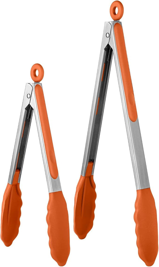 600ºF Heat Resistant Kitchen Tongs: U-Taste 9+12 inch Silicone Cooking Tong Set with Firm Sealed Non Stick Rubber Tips and Silicon Coated 18/8 Stainless Steel Handle for Serving Grilling Salad(Orange)