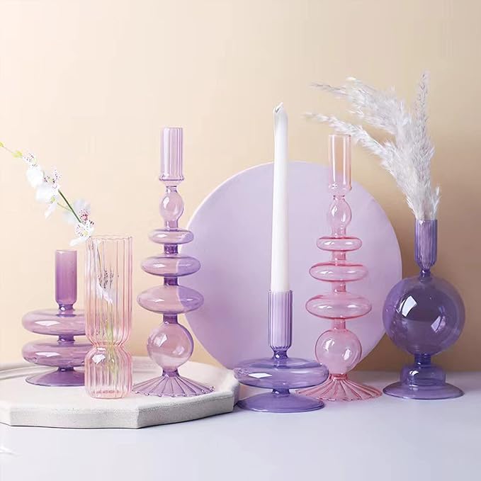 Glass Candlestick Holders Simple Creative Glass Vase Candle Holder Colorful Glass Pillar Candle Stand Candlestick Wavy Elegant Glass Candlestick for Home Centerpiece (Purple G)