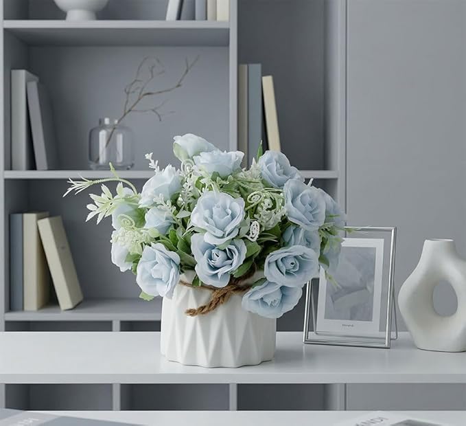 TKAS Fake Flowers Arrangement in Ceramic Vase, Artificial Faux Silk Roses, Small Realistic Dried-Style Floral, Dining Table Centerpiece for Wedding Party Home Decoration (Blue)