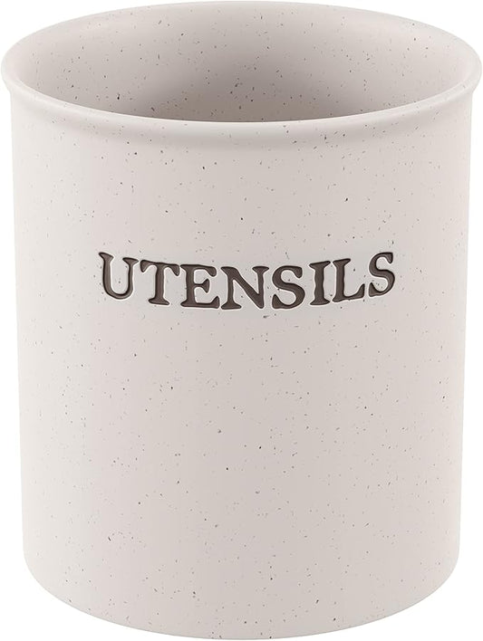 KooK Large Utensil Crock for Kitchen Counter, Ceramic Utensil Holder, Heavy & Stable Caddy, Farmhouse Decor, Matte Speckled Stoneware, Cream, 6 inch, Dishwasher Safe