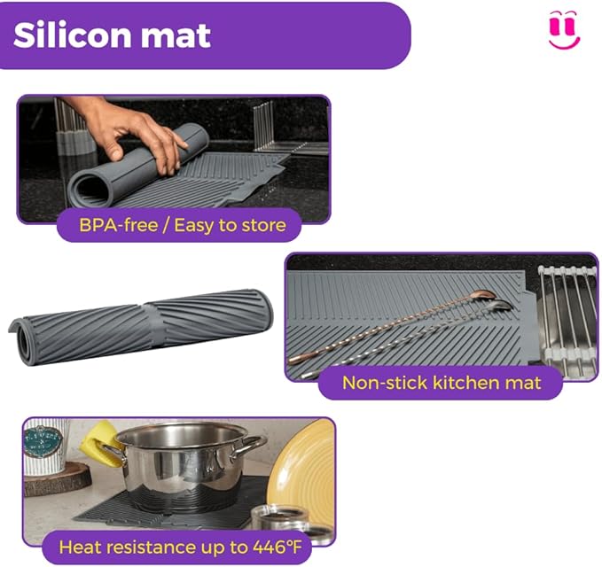 3-in-1 Over Sink Dish Drying Rack – Roll-Up Sink Rack, Silicone Mat & Folding Dish Rack – Multi-Functional, Space-Saving Kitchen Organizer (Grey)
