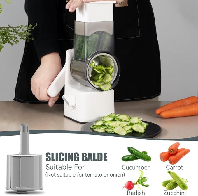 Safe Vegetable Mandoline Slicer Large Multifunctional Rotary Cheese Grater Hand Crank Easy Rotating Veggie Shredder Anti-Cutting, 3 Interchangeable Blades (WhiteGrey)