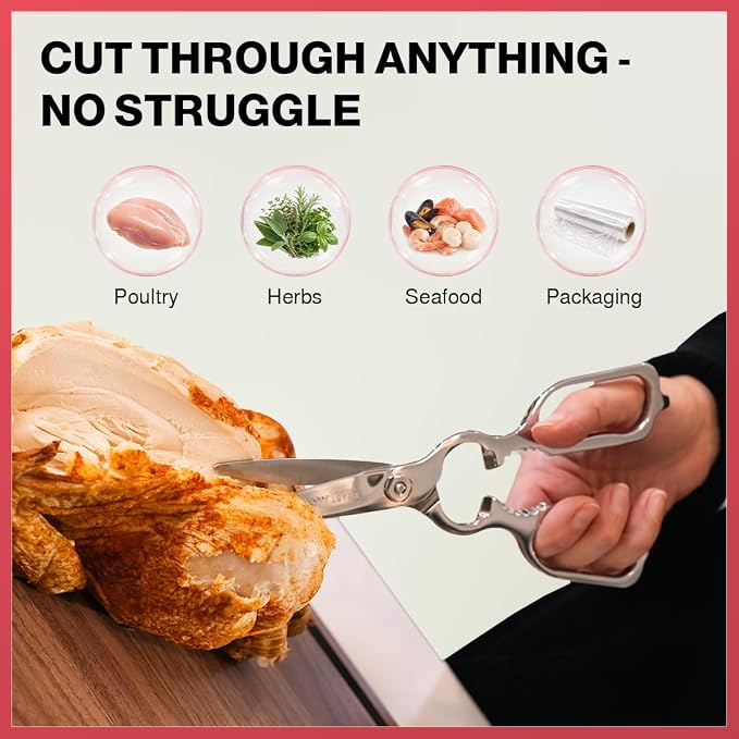 Heavy Duty Kitchen Scissors for Food — All Purpose Cooking Scissors, All Stainless Steel, No Plastic, Come-Apart Blades for Easy Cleaning, Dishwasher Safe, 5-in-1 Multi-Tool