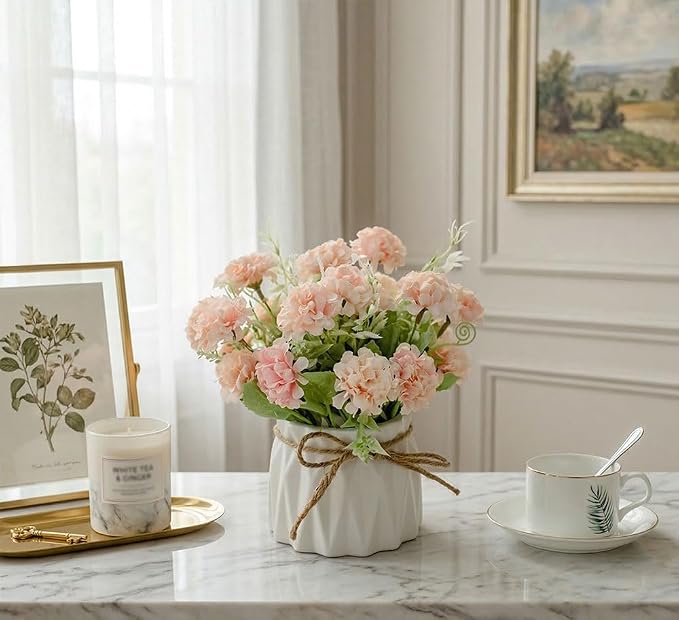TKAS Fake Flowers Arrangement in Ceramic Vase, Artificial Faux Silk Hydrangea, Small Realistic Dried-Style Floral, Dining Table Centerpiece for Wedding Party Home Decoration (Pink)