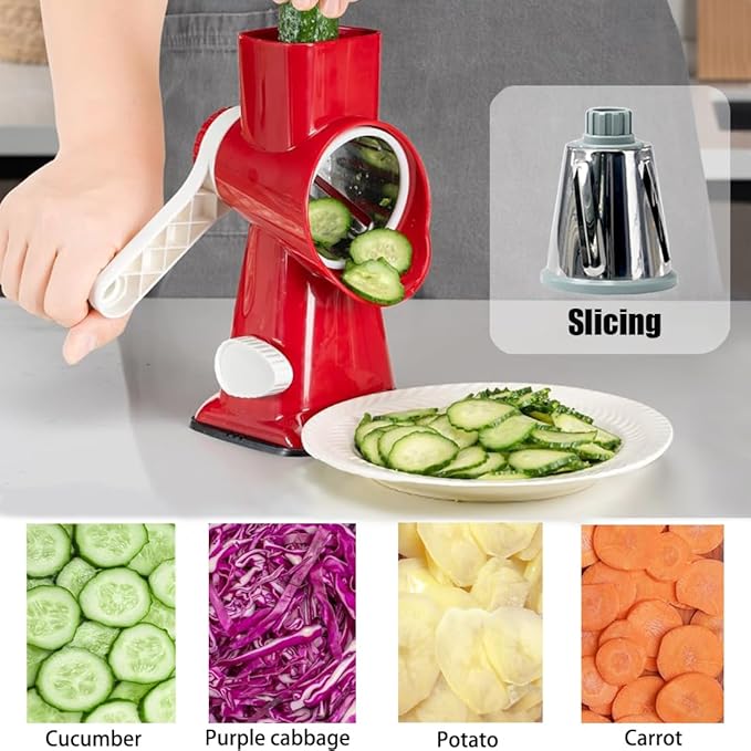 Rotary Cheese Grater Shredder with Handle Handheld Round Mandoline Vegetable Slicer Carrot Shredder Nut Grinder with 3 Replaceable Stainless Steel Drum Blades and Upgrade Strong Suction, Red/White