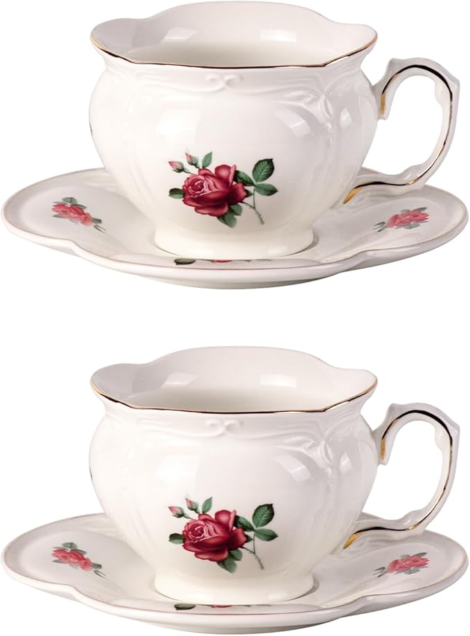 KAMMAK Tea Cups and Saucers Set of 2, Porcelain Coffee Cups, 6.8-Ounce Stackable Espresso Mugs, Ceramic Demitasse for Coffee, Latte, Americano, Tea, Baroque Rose