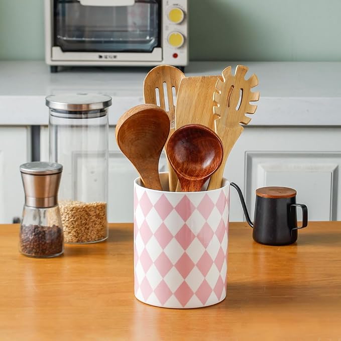 Kitchen Utensil Holder, 6.3 Inch Checkered Large Ceramic Cooking Utensil Holder Modern Utensil Crocks for Kitchen Counter-Farmhouse, Housewarming Gift, Decor and Accessories (Diamond Pink, 6.3 Inch)