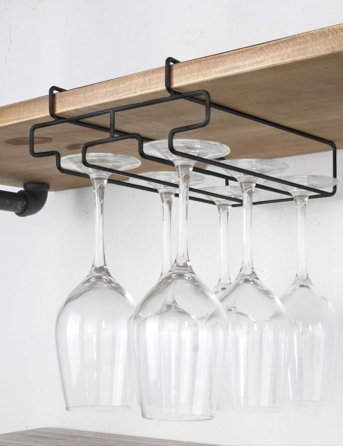 Wine Glass Holder - Stemware Rack Under Cabinet - Hanger Storage Shelf, Fit for The Cabinet 0.8“ or Less (black, 2 Rows)