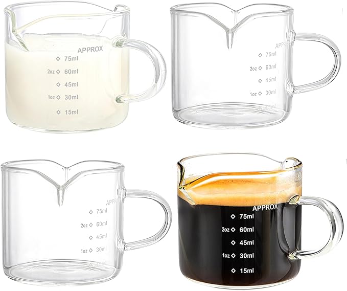 Yarlung 4 Pack Measuring Cups Espresso Shot Glasses, Double Spouts Espresso Cup Glass Graduated 75 ML/ 2.5 OZ for Milk Pitcher, Coffee Maker Accessories