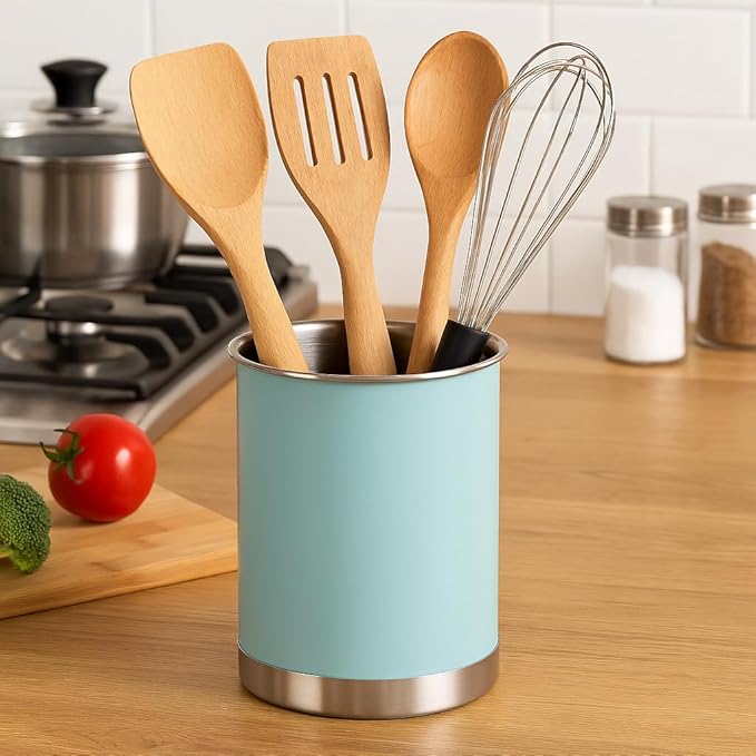Creative Home Stainless Steel Utensil Holder– 6.3" Large Cooking Tool Organizer for Kitchen Decor and Countertop Storage, Stable Anti-Tip Design, Durable Powder-Coated Finish, Ocean Blue