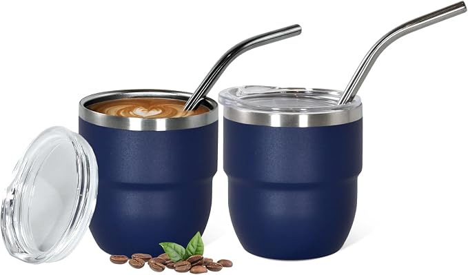 CHLJAR 4oz Stackable Cup, Vacuum Insulated Espresso Cup Set of 2, Espresso Shot Glass for Coffee, Double Wall Stainless Steel Mini Tumbler Shot Glasses with Straw and Lid