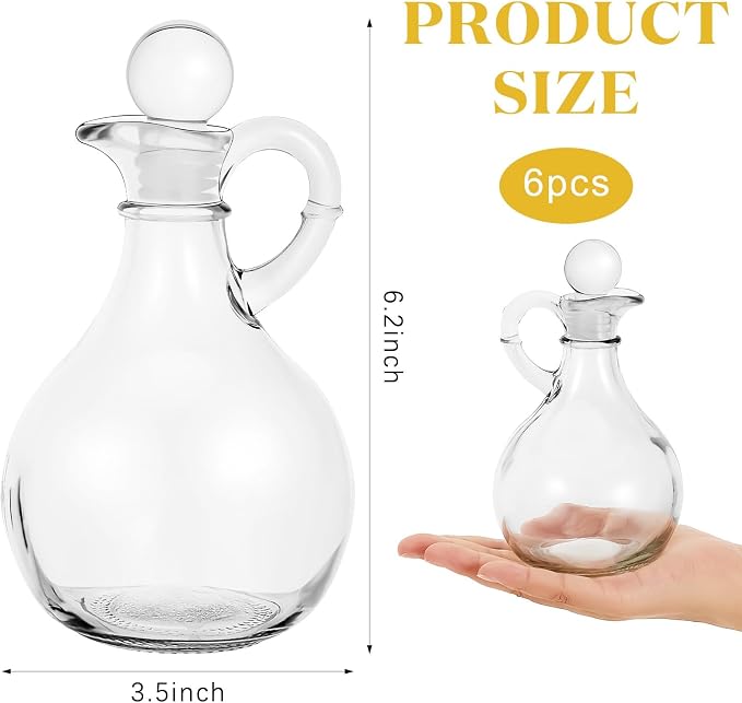 Suclain 6 Sets 12oz Glass Oil and Vinegar Cruet Set Round Oil Dispenser Olive Bottle with Airtight Stopper Salad Dressing Bottle Glass Condiment Container for Kitchen Homemade Olive Condiment (Clear)