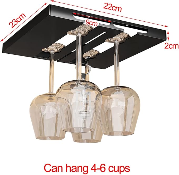 V3VOGUE Hanging Wine Glasses Holder Under Cabinet, 2/3/4/5/6 Rows Black Metal Wine Glasses Hanger, Glass Storage Rack Organiser for Cupboard Kitchen Bar (Size : 2 Row)