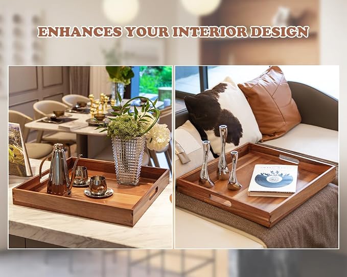 Large Ottoman Tray for Living Room, 20" Extra Large Wooden Tray for Ottoman Square Big Acacia Serving Trays with Handles for Coffee Table, Breakfast, Appetizers, Dinner