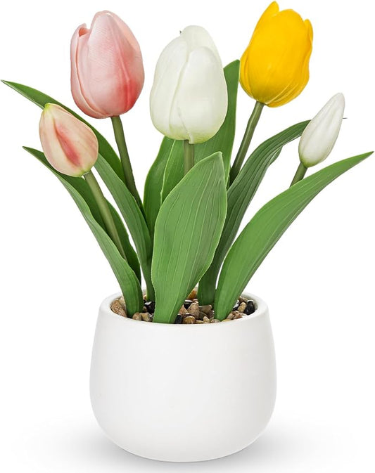 Hollyone Tulips Artificial Flowers in Vase Fake Tulips Silk Flowers Arrangements Faux Tulip Bulbs with Ceramic Pot Tulip Potted Plants Floral Bouquet for Home Decor Table Centerpiece Decorations