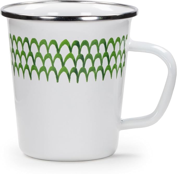 Golden Rabbit Enamelware Latte Coffee or Tea Mugs, 16 ounce, Green Scallop, Set of 4
