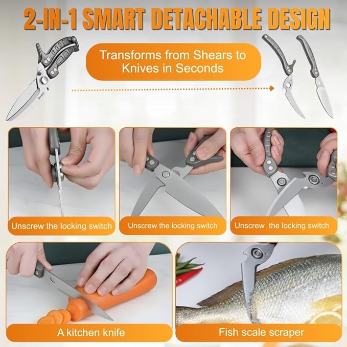 Poultry Shears Heavy Duty Professional, Turkey Shears for Chicken & Bone Cutting, Meat Cutting Scissors, Spring-Loaded Multi-purpose Kitchen Scissors, Dishwasher Safe, Non-Slip Handle, Silver