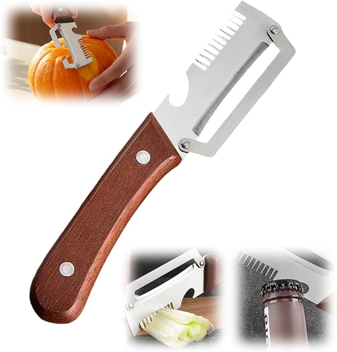 Multi-Functional Vegetable Peeler for Kitchen, 3 in 1 Stainless Steel Blade with Wooden Handle & Bottle Opener & Grater, Heavy Duty Peeler for Carrot Apple Pumpkin (1PCS)