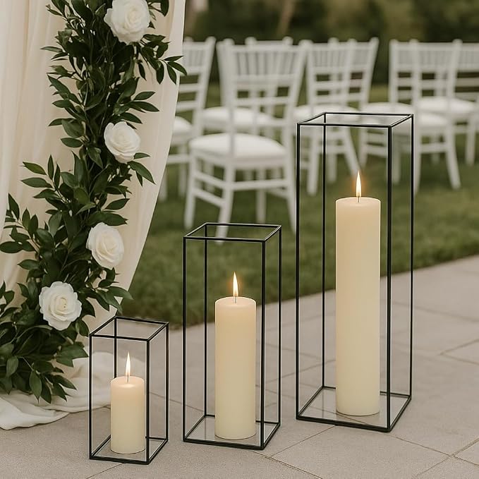 Koyal Wholesale Black Rectangular Glass Hurricane Candle Holders Tall Floor Lantern for Pillar Candles, Elegant Modern Candle Holder for Weddings, Events, or Entryway and Fireplace Décor Set of 3