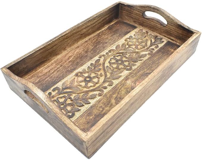 STORE INDYA Rustic Large Wooden Serving Tray Platter for Tea Snack Dessert with Handle Hand Carved Floral Design. Kitchen Dining Serve-Ware Accessories 14 x 10 Inches